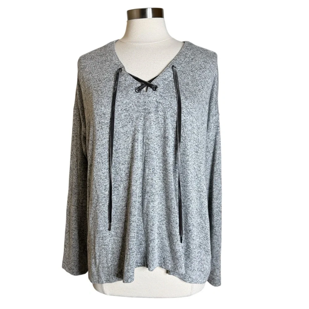 Rails Leigh Melange Gray Pullover Top Long Sleeve Lace Up Shirt Women's Large